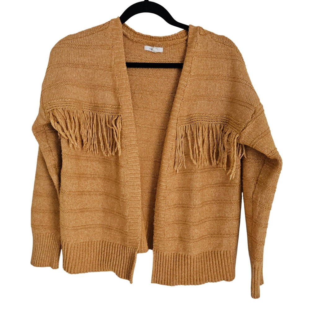 Maurices Women's Mustard Yellow Fringe Open Front Knit Cardigan Sweater Size M